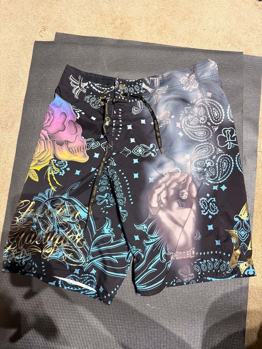 Christian Audigier "Blow Smoke" Board Shorts Size 33 Black Vintage Ed Hardy NWT